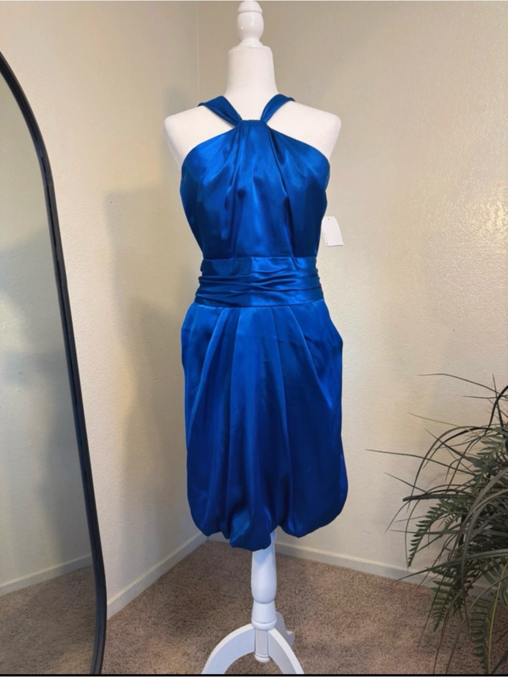 David's Bridal Royal Blue Satin Halter Bubble Dress